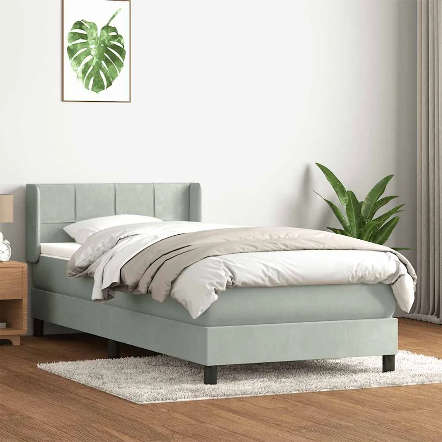 Sommier à lattes de lit et matelas gris clair 100x210cm velours