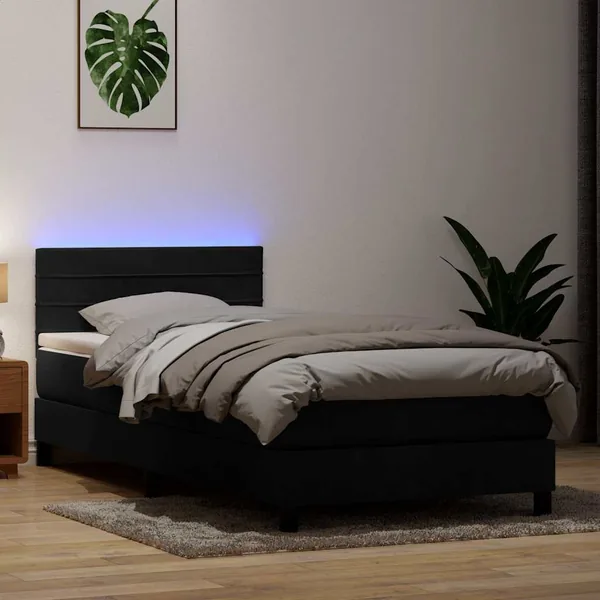 Sommier à lattes de lit avec matelas et LED noir 90x210 cm velours