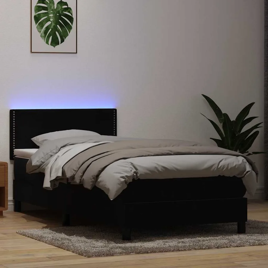 Sommier à lattes de lit avec matelas et LED noir 90x210 cm velours