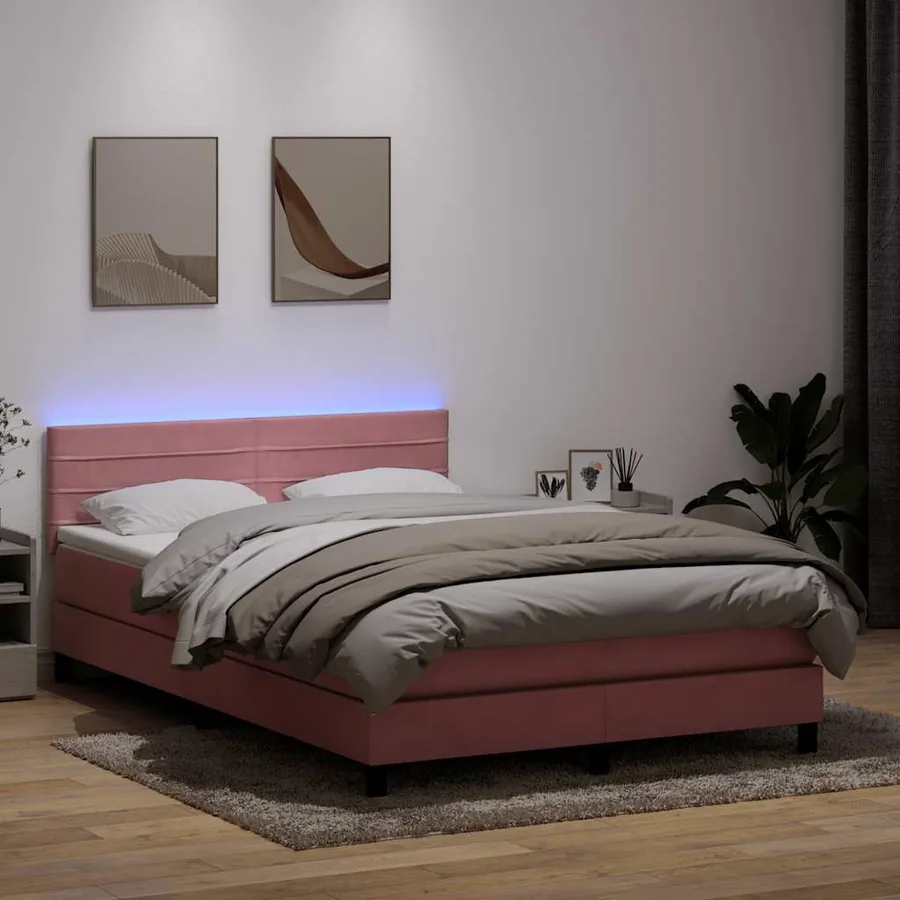 Sommier à lattes de lit avec matelas et LED rose 140x210 cm velours