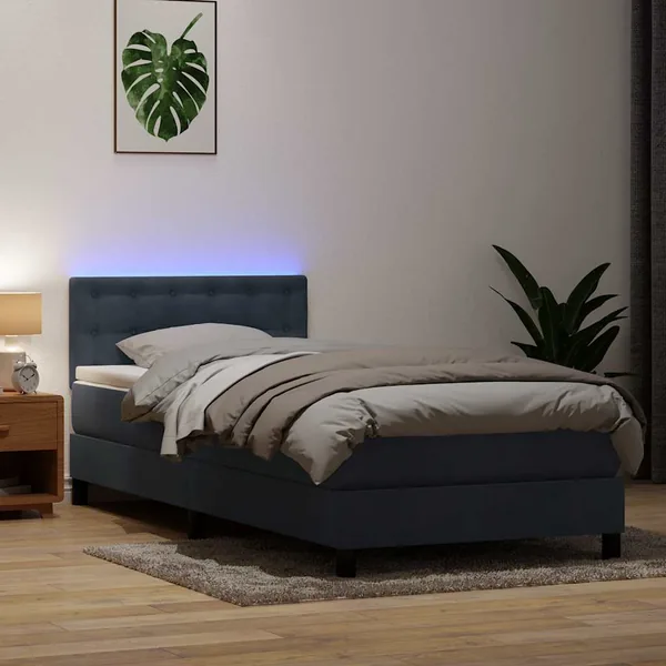 Sommier à lattes de lit et matelas et LED gris foncé 100x210cm velours