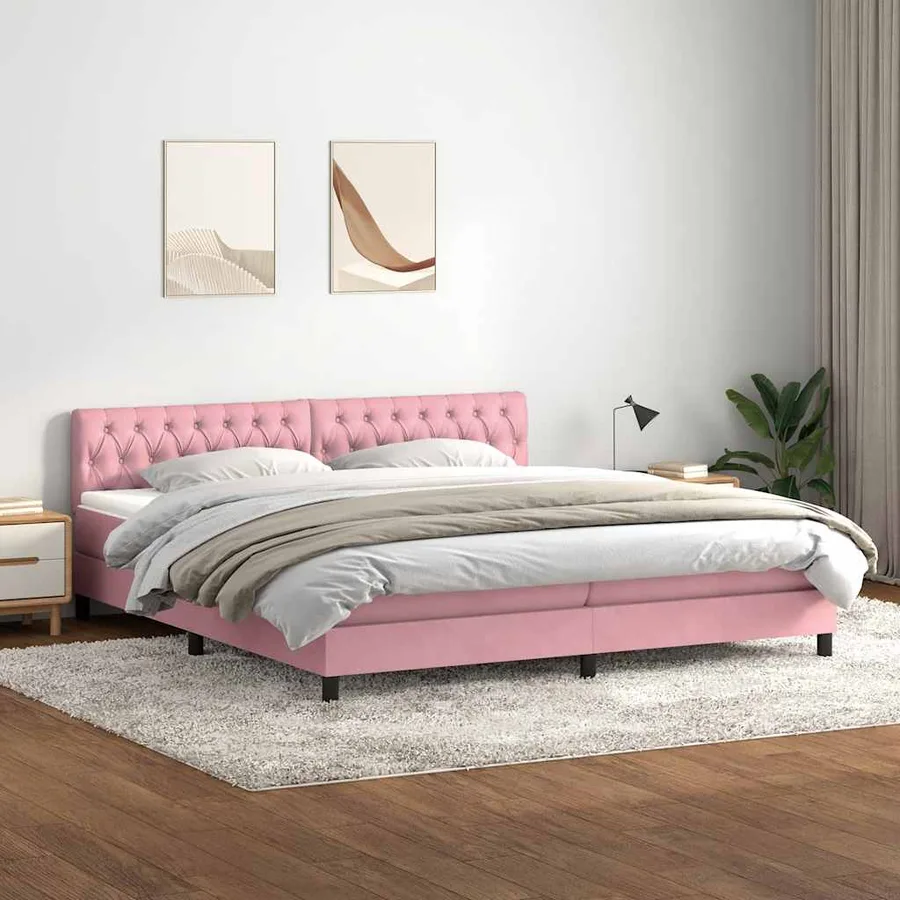 Sommier à lattes de lit avec matelas et LED rose 180x210 cm velours - 4