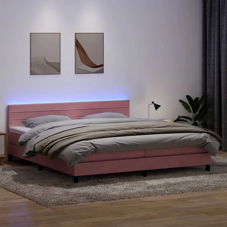 Sommier à lattes de lit avec matelas et LED rose 180x210 cm velours