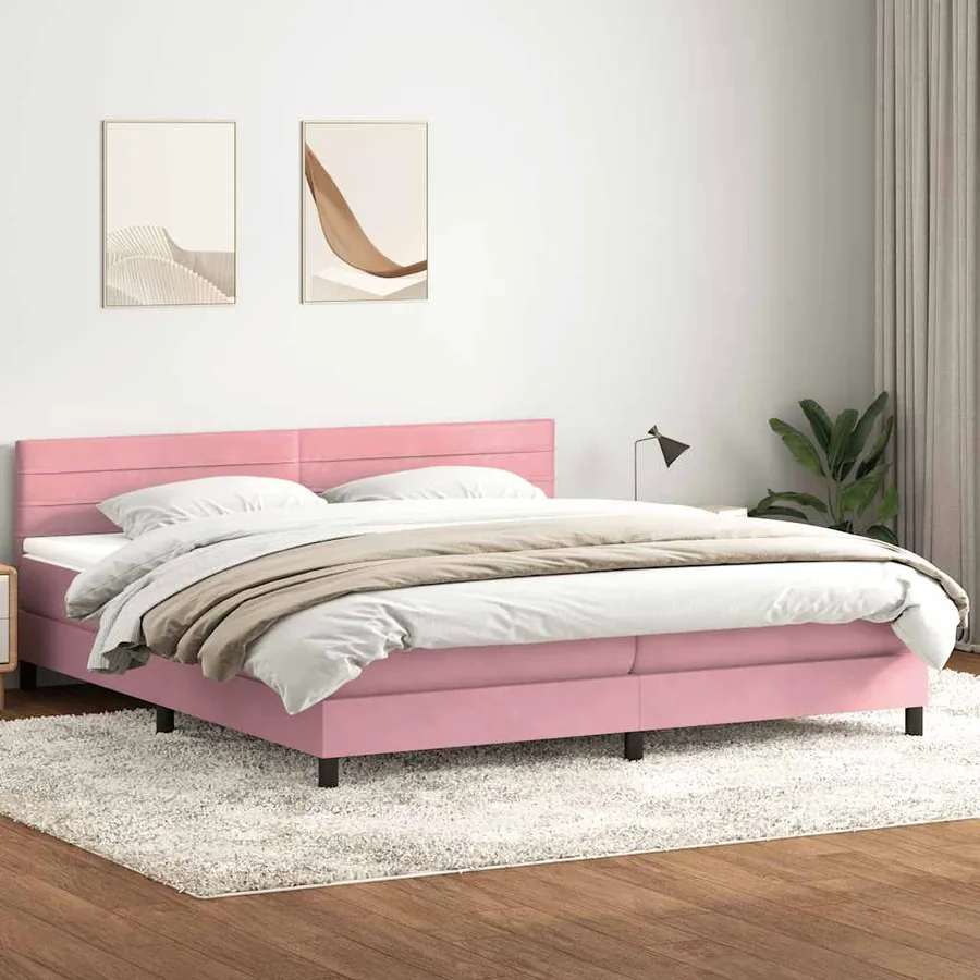 Sommier à lattes de lit avec matelas et LED rose 180x210 cm velours - 4