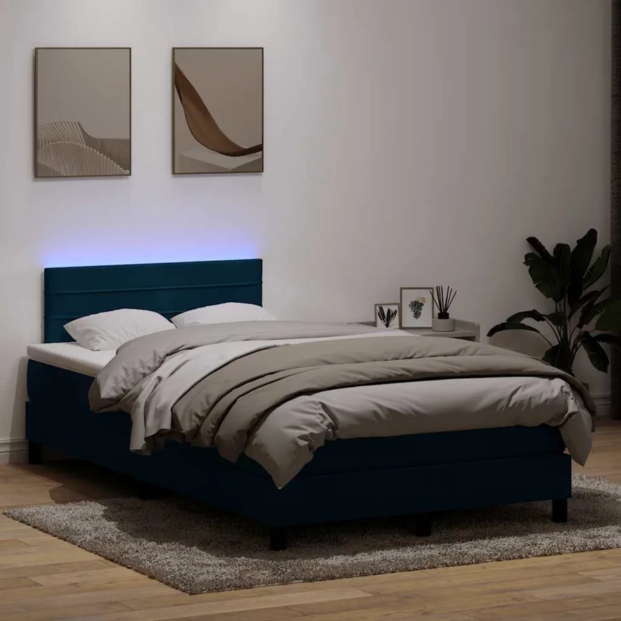 Sommier à lattes de lit et matelas et LED bleu foncé 120x210cm velours
