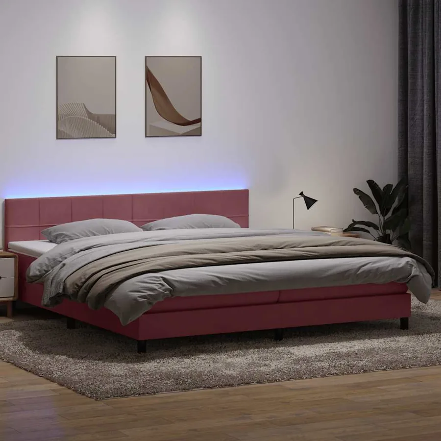 Sommier à lattes de lit avec matelas et LED rose 180x210 cm velours