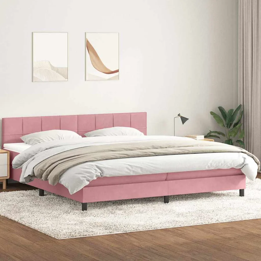 Sommier à lattes de lit avec matelas et LED rose 180x210 cm velours - 4