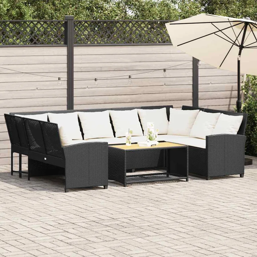 Canapé de jardin avec coussins Noir Résine tressée