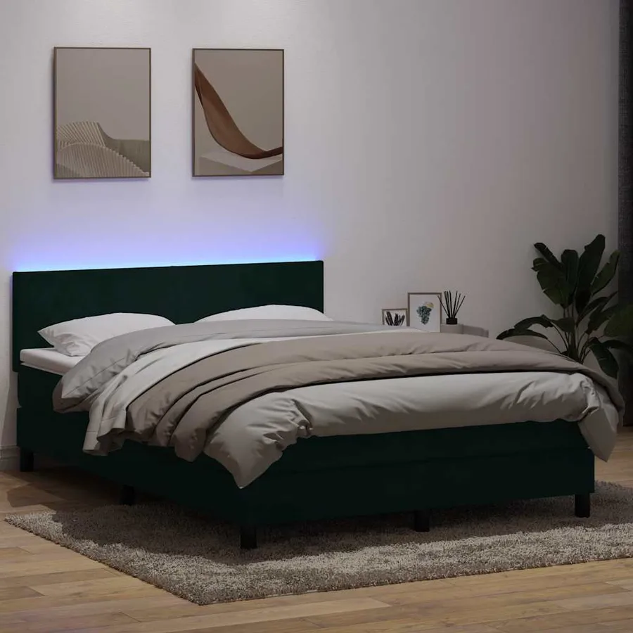 Sommier à lattes de lit et matelas et LED vert foncé 140x210cm velours - 4