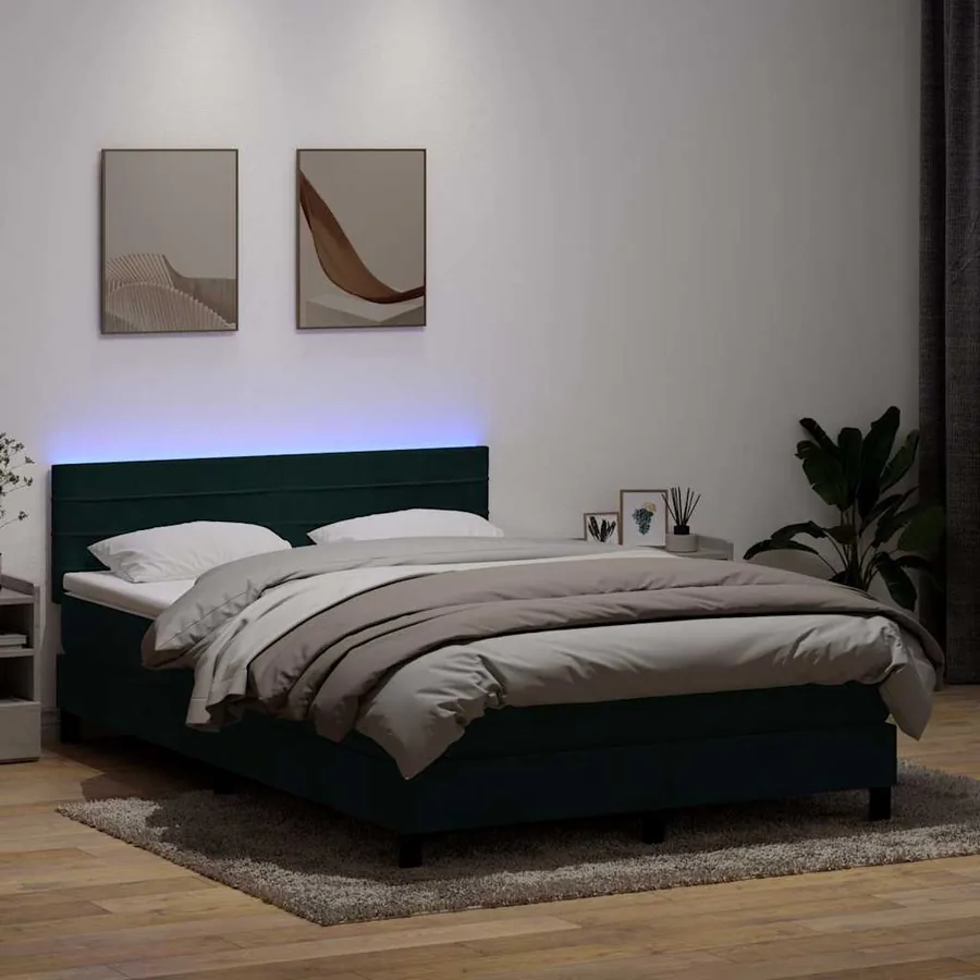 Sommier à lattes de lit et matelas et LED vert foncé 140x210cm velours