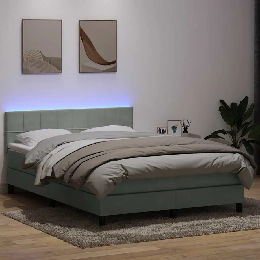Sommier à lattes de lit et matelas et LED gris clair 160x210cm velours