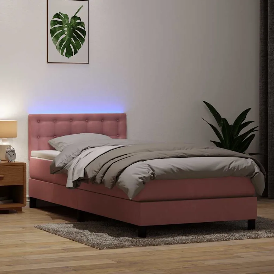 Sommier à lattes de lit avec matelas et LED rose 80x220 cm velours