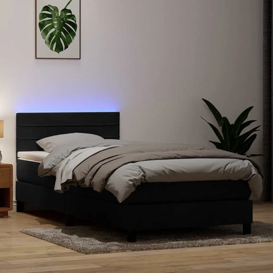 Sommier à lattes de lit avec matelas et LED noir 80x220 cm velours
