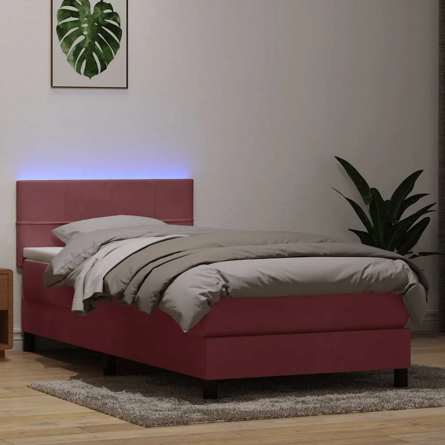 Sommier à lattes de lit avec matelas et LED rose 90x220 cm velours
