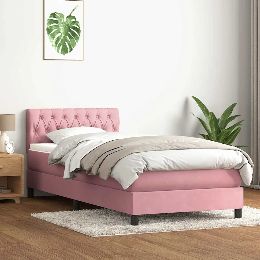 Sommier à lattes de lit avec matelas et LED rose 80x210 cm velours - 4
