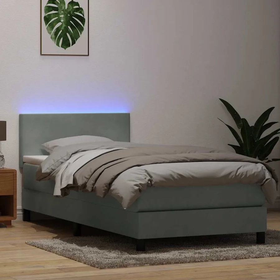 Sommier à lattes de lit et matelas et LED gris clair 80x210 cm velours - 4