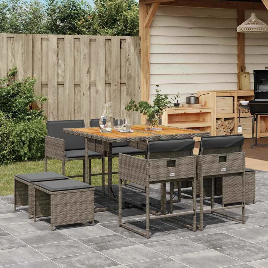 Ensemble à manger de jardin 9 pcs coussins gris résine tressée
