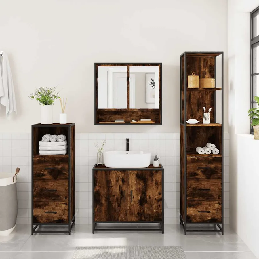 Ensemble meubles salle de bain 4 pcs chêne fumé bois ingénierie - 3