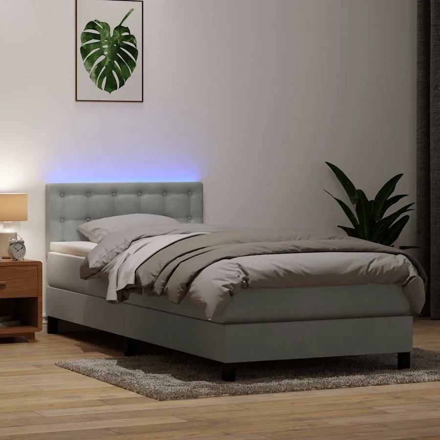 Sommier à lattes de lit et matelas et LED gris clair 80x220 cm velours