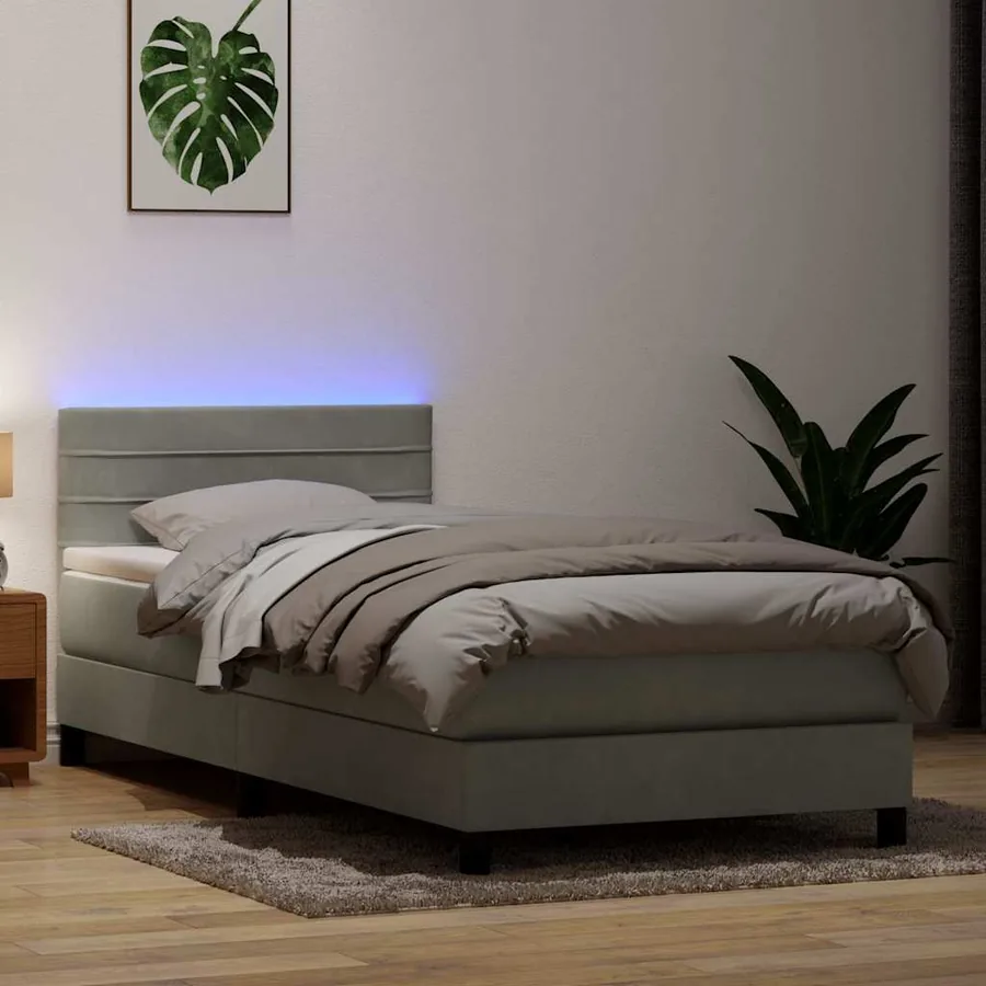 Sommier à lattes de lit et matelas et LED gris clair 80x220 cm velours