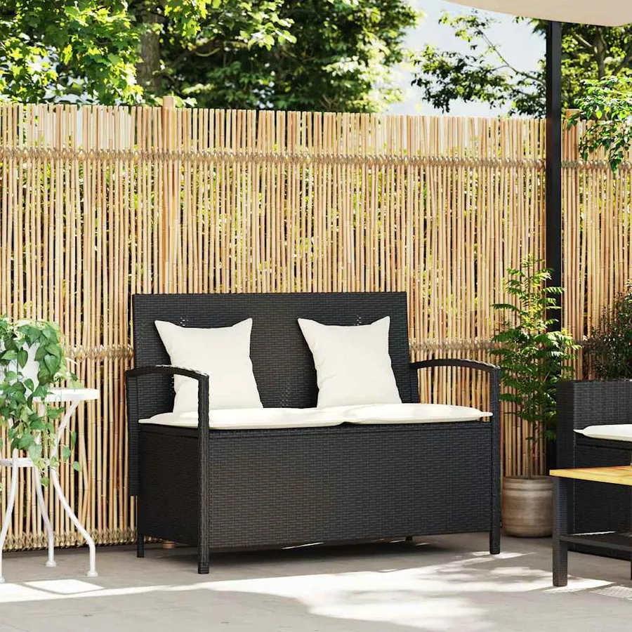 Banc de rangement de jardin avec coussin noir résine tressée - 2