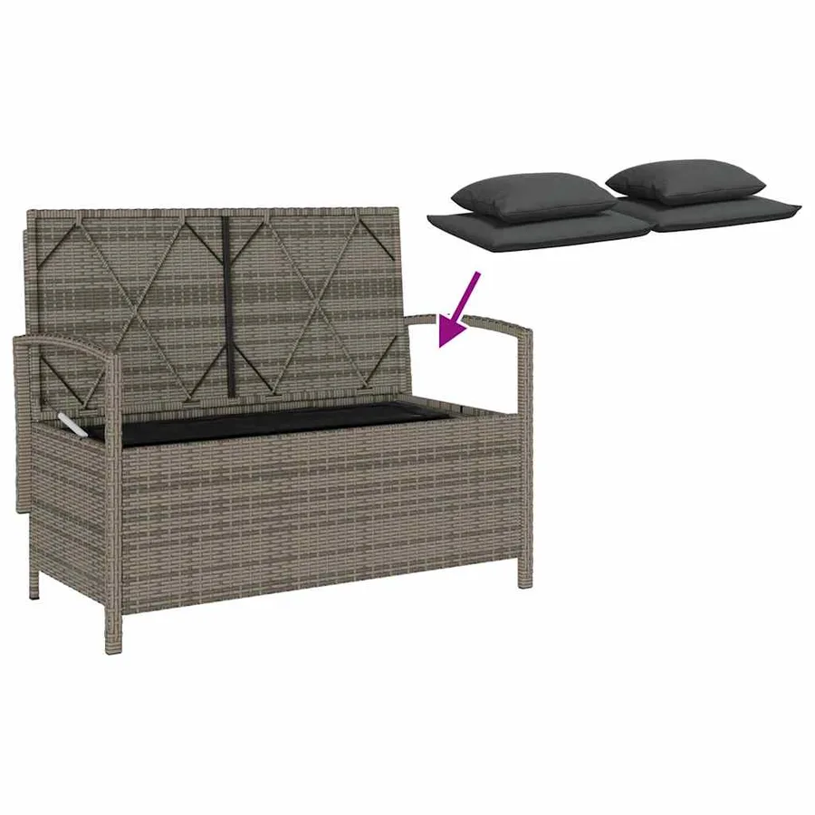 Banc de rangement de jardin avec coussin gris résine tressée - 9