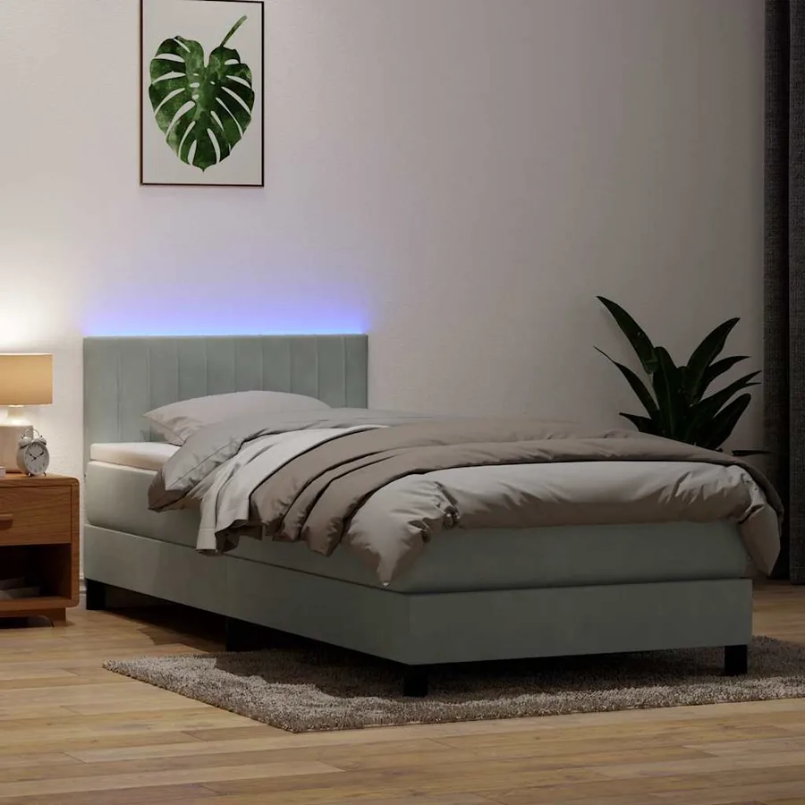 Sommier à lattes de lit et matelas et LED gris clair 90x210 cm velours