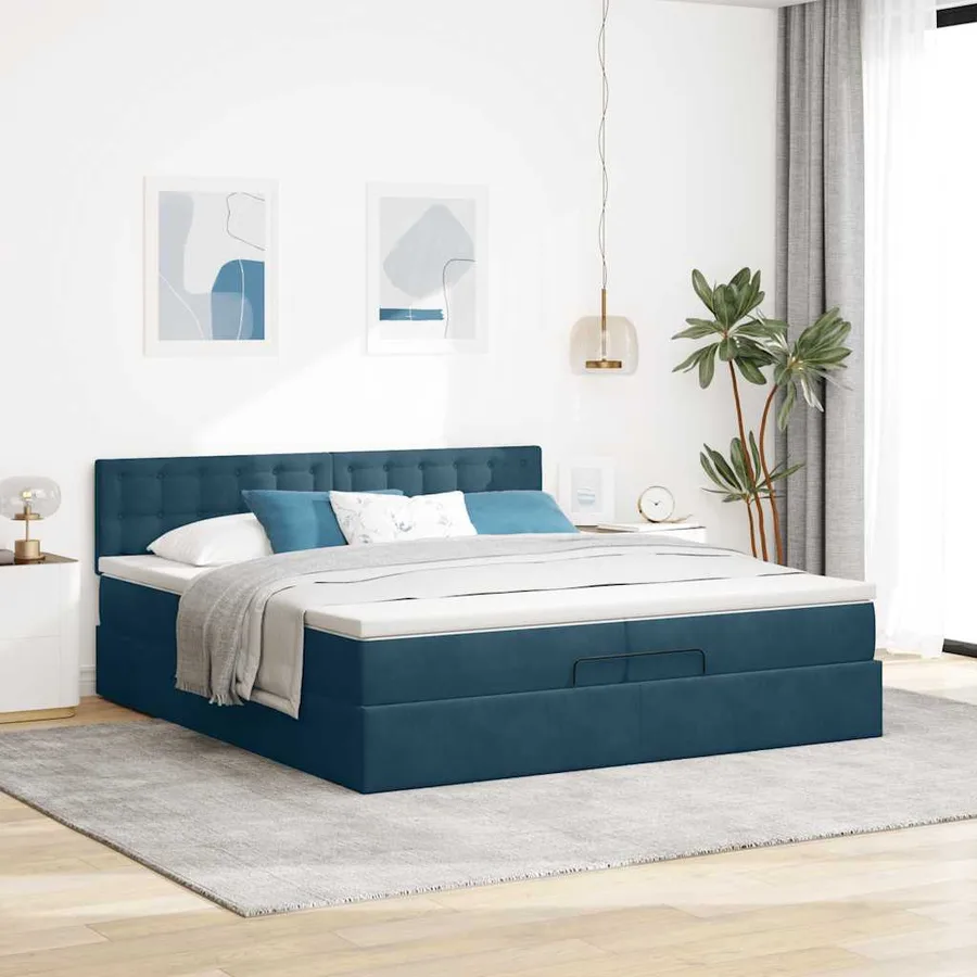 Cadre de lit ottoman avec matelas bleu foncé 200x200 cm velours - 4