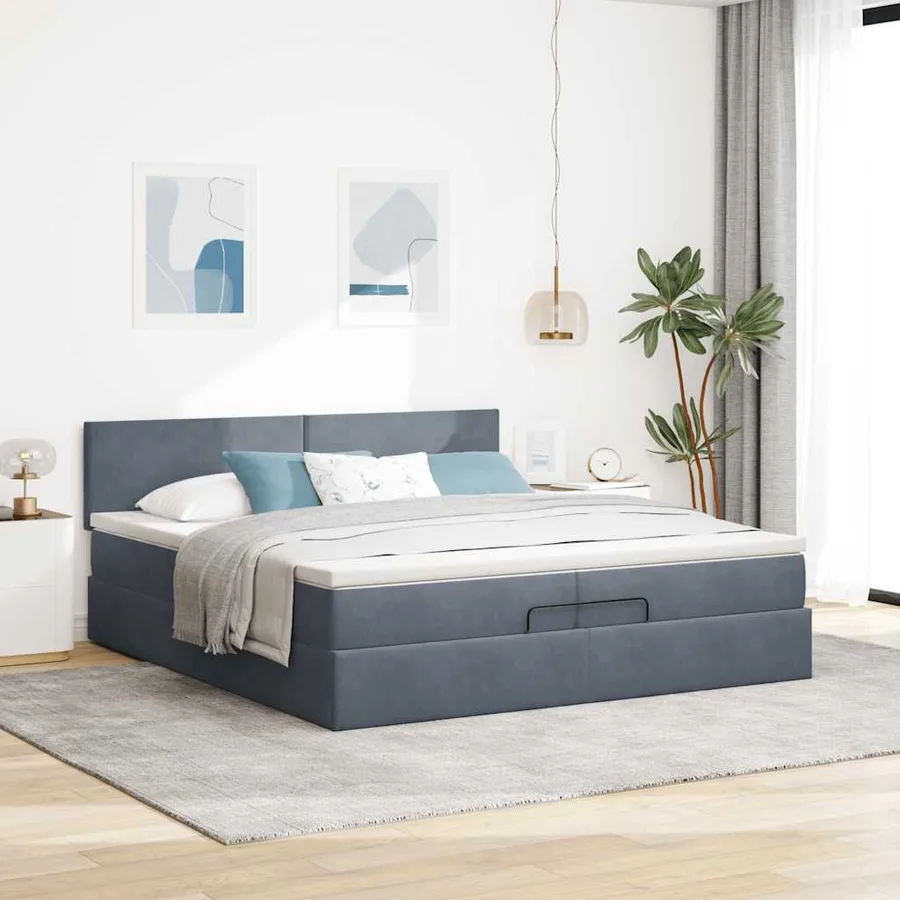 Cadre de lit ottoman avec matelas gris foncé 200x200 cm velours - 3