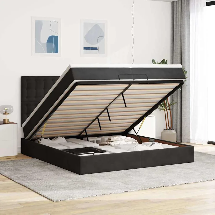 Cadre de lit ottoman avec matelas noir 200x200cm velours