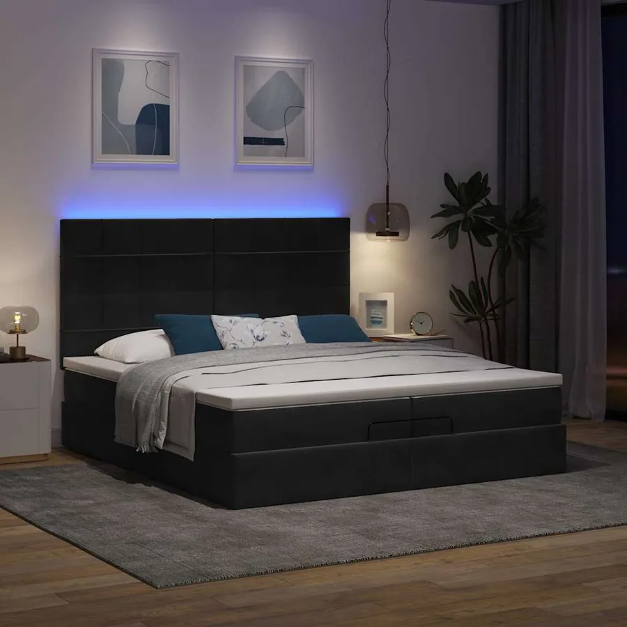 Cadre de lit ottoman avec matelas noir 200x200cm velours - 3