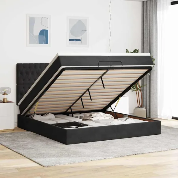 Cadre de lit ottoman avec matelas noir 200x200cm velours
