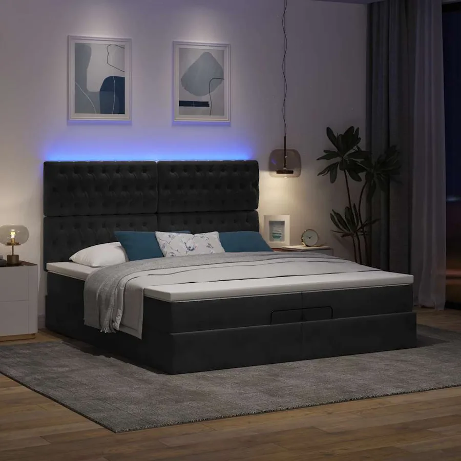 Cadre de lit ottoman avec matelas noir 200x200cm velours - 3