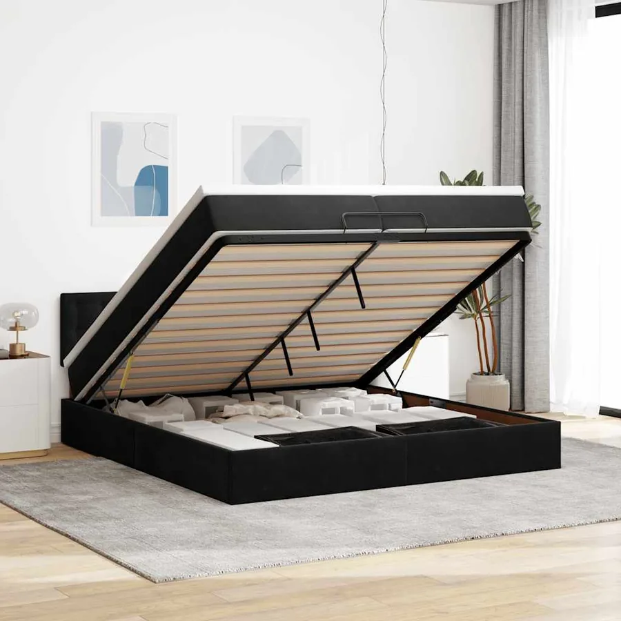 Cadre de lit ottoman avec matelas noir 200x200cm velours