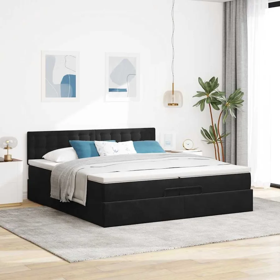 Cadre de lit ottoman avec matelas noir 200x200cm velours - 4