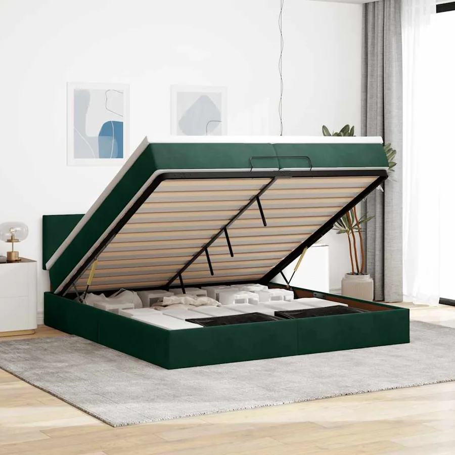 Cadre de lit ottoman avec matelas vert foncé 200x200 cm velours