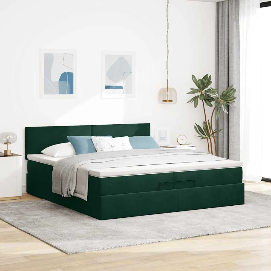 Cadre de lit ottoman avec matelas vert foncé 200x200 cm velours - 3