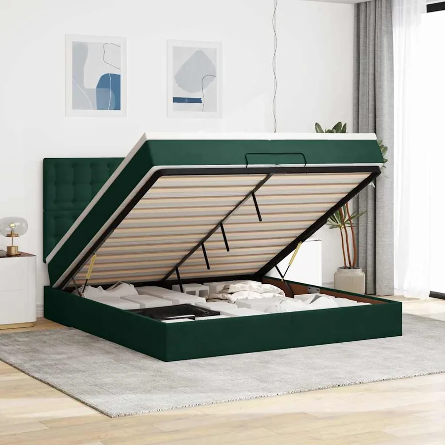 Cadre de lit ottoman avec matelas vert foncé 200x200 cm velours