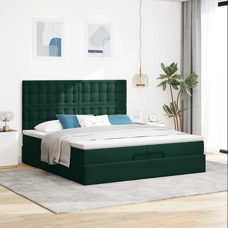 Cadre de lit ottoman avec matelas vert foncé 200x200 cm velours - 4