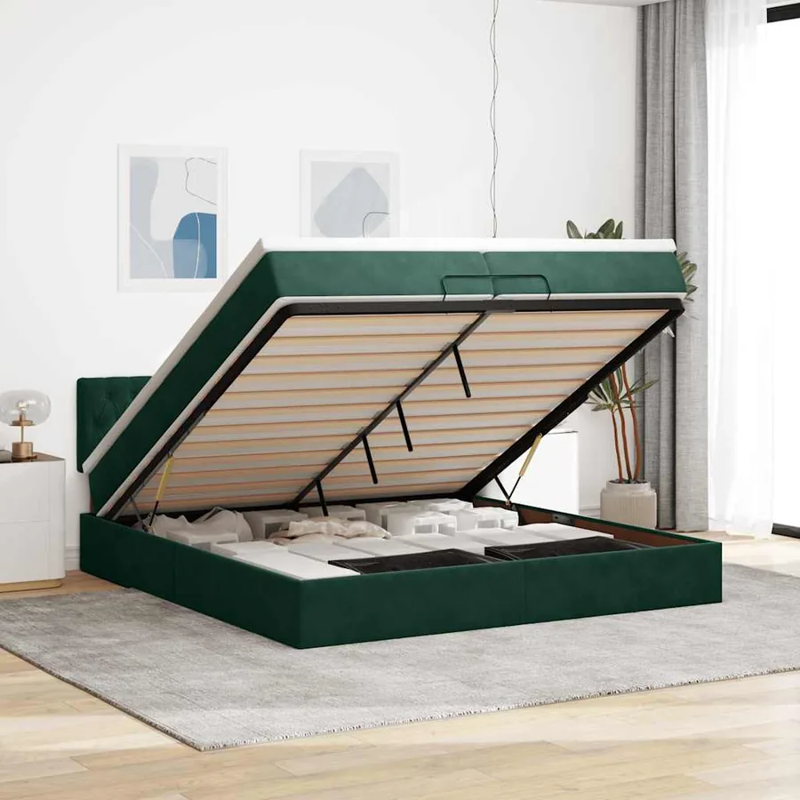Cadre de lit ottoman avec matelas vert foncé 200x200 cm velours