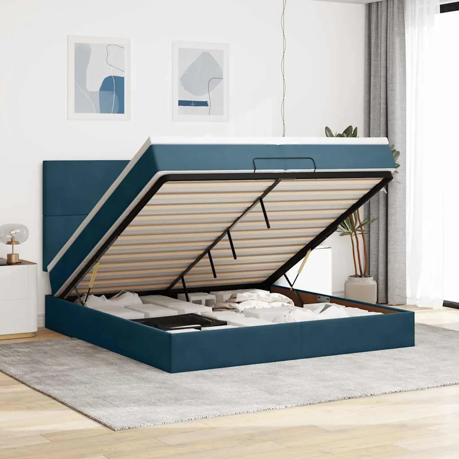 Cadre de lit ottoman avec matelas bleu foncé 200x200 cm velours