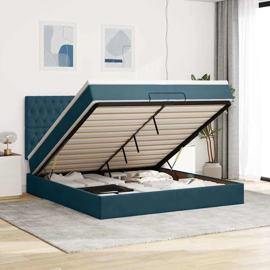 Cadre de lit ottoman avec matelas bleu foncé 200x200 cm velours