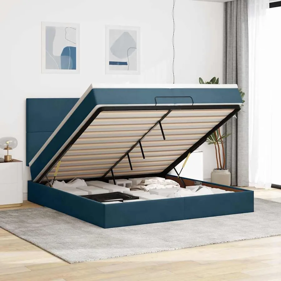 Cadre de lit ottoman avec matelas bleu foncé 200x200 cm velours