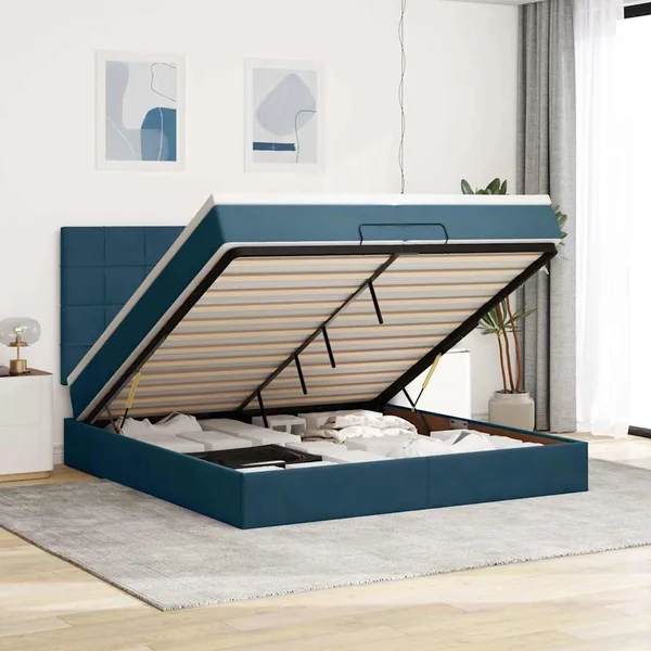 Lit coffre avec matelas et LED velours bleu foncé 200x200cm