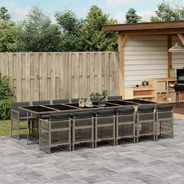 Ensemble à manger de jardin coussins 13 pcs gris résine tressée