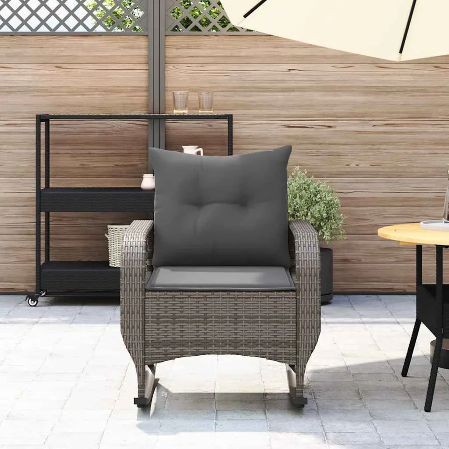 Chaise à bascule de jardin avec coussins gris résine tressée - 3