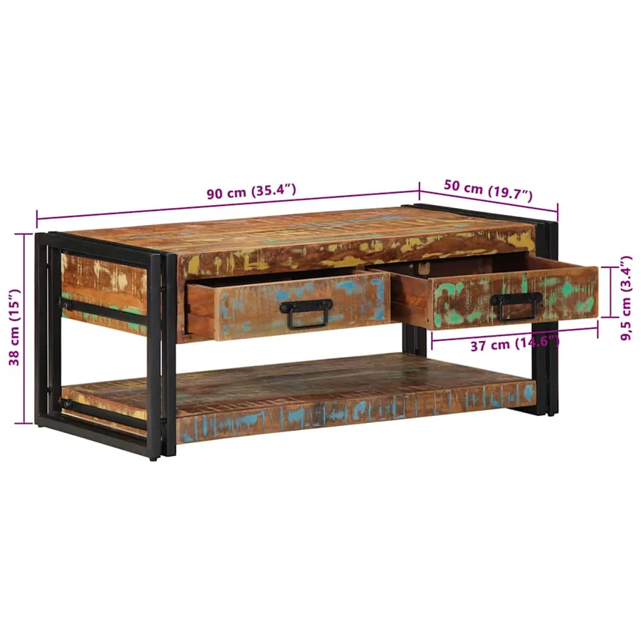 Table basse multicolore 90x50x38 cm bois de récupération massif - 12