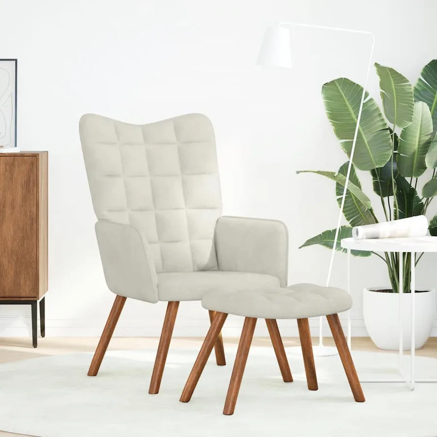 Fauteuil relax avec tabouret en velours crème - 2