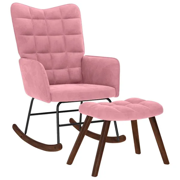Chaise à bascule avec repose-pied rose velours