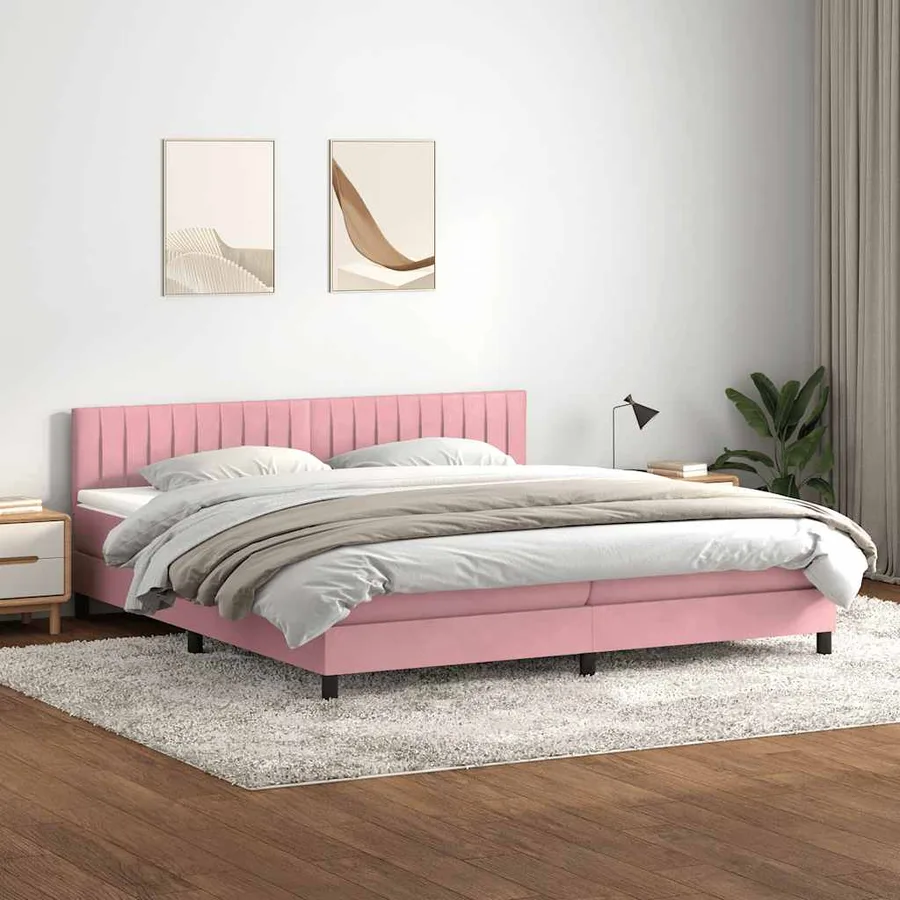 Sommier à lattes de lit avec matelas rose 180x220 cm velours - 3